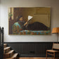 Gold floater framed canvas featuring a casual gathering around newspaper in rustic room, displayed in a hallway near a staircase.