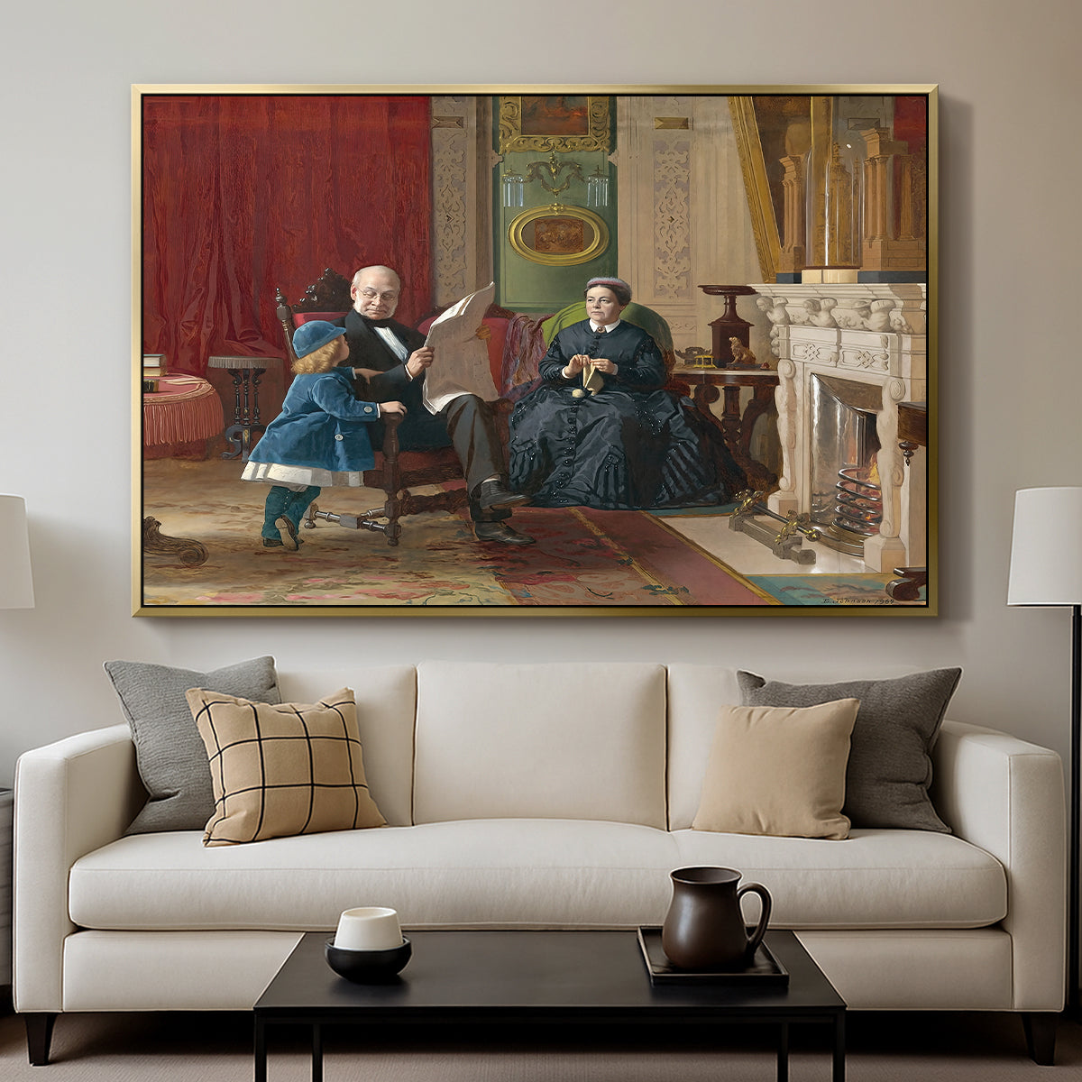 The Brown Family, 1869 by Eastman Johnson displayed in a gold floater framed canvas above a sofa in a clean living room.