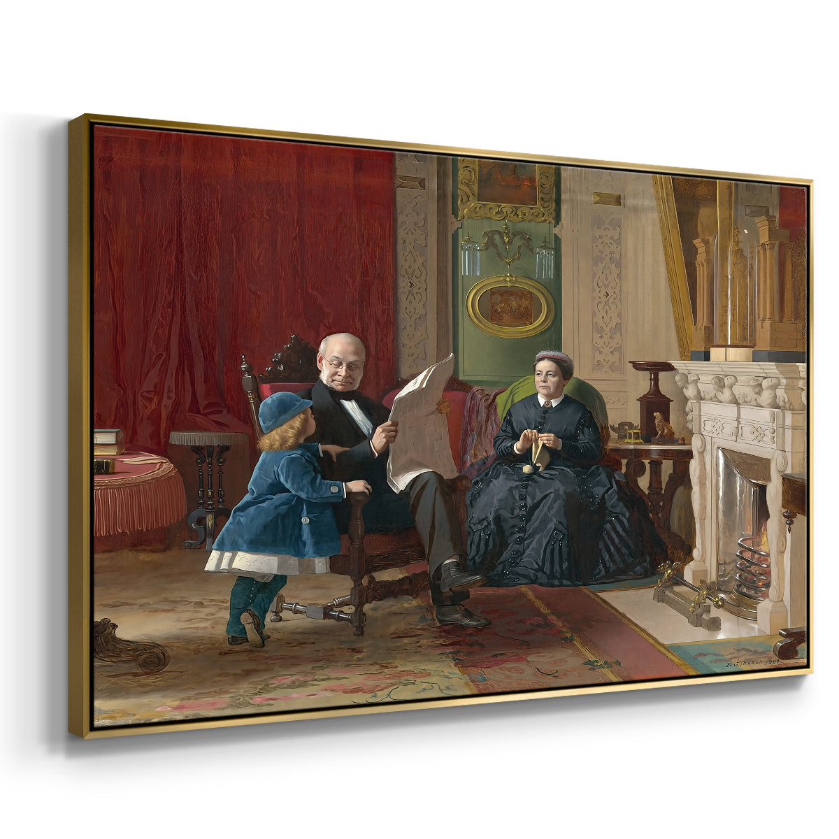Angled view of The Brown Family, 1869 by Eastman Johnson in a gold floater framed canvas.