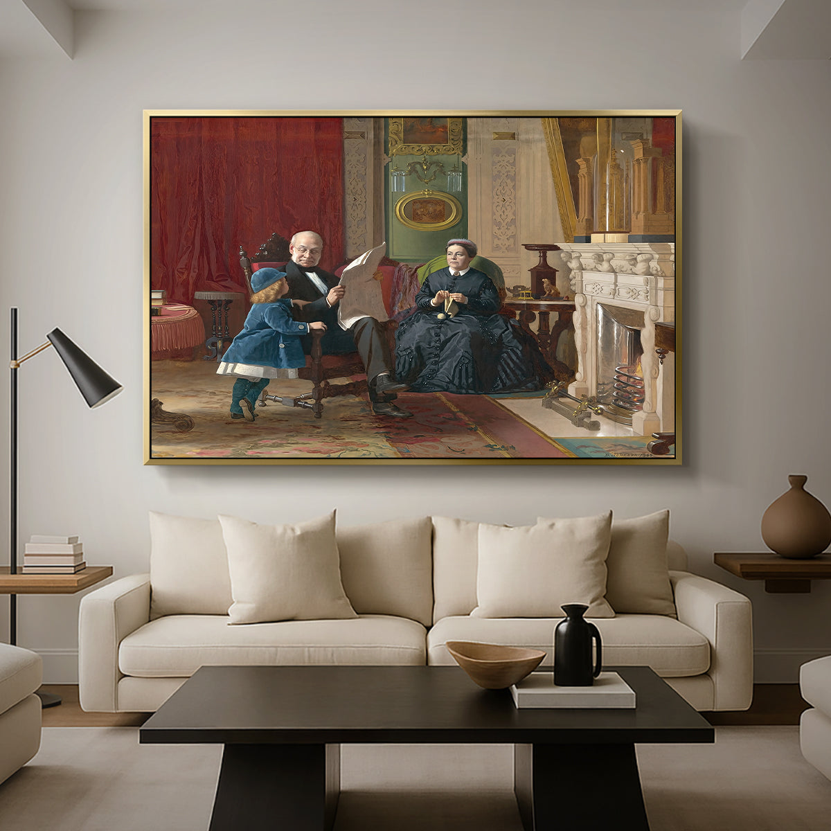 The Brown Family, 1869 by Eastman Johnson as a gold floater framed canvas featuring a family seated together in interior room engaged in quiet activity, displayed above a sofa in a modern living room.