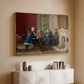 Gold floater framed canvas of The Brown Family, 1869 by Eastman Johnson, featuring a domestic portrait of group gathered in modest home setting above a console cabinet in a minimalist entryway.