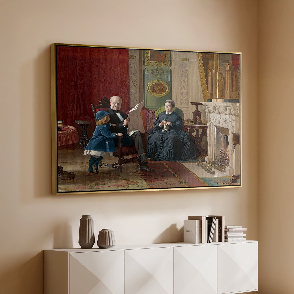 Gold floater framed canvas of The Brown Family, 1869 by Eastman Johnson, featuring a domestic portrait of group gathered in modest home setting above a console cabinet in a minimalist entryway.