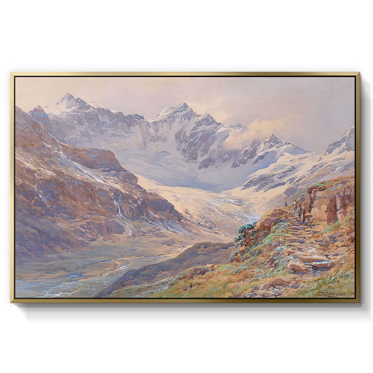 Odenwinklkees with the Johannisberg, 1902 by Edward Theodore Compton in a gold floater framed canvas wall art display.