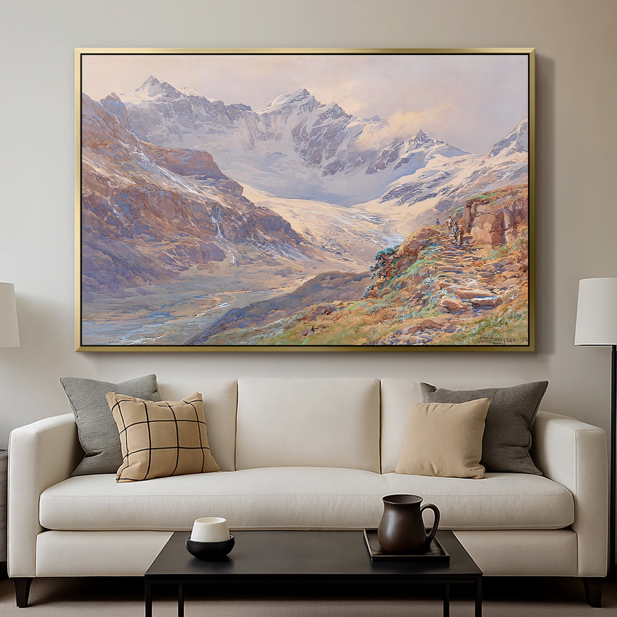 Odenwinklkees with the Johannisberg, 1902 by Edward Theodore Compton displayed in a gold floater framed canvas above a sofa in a clean living room.