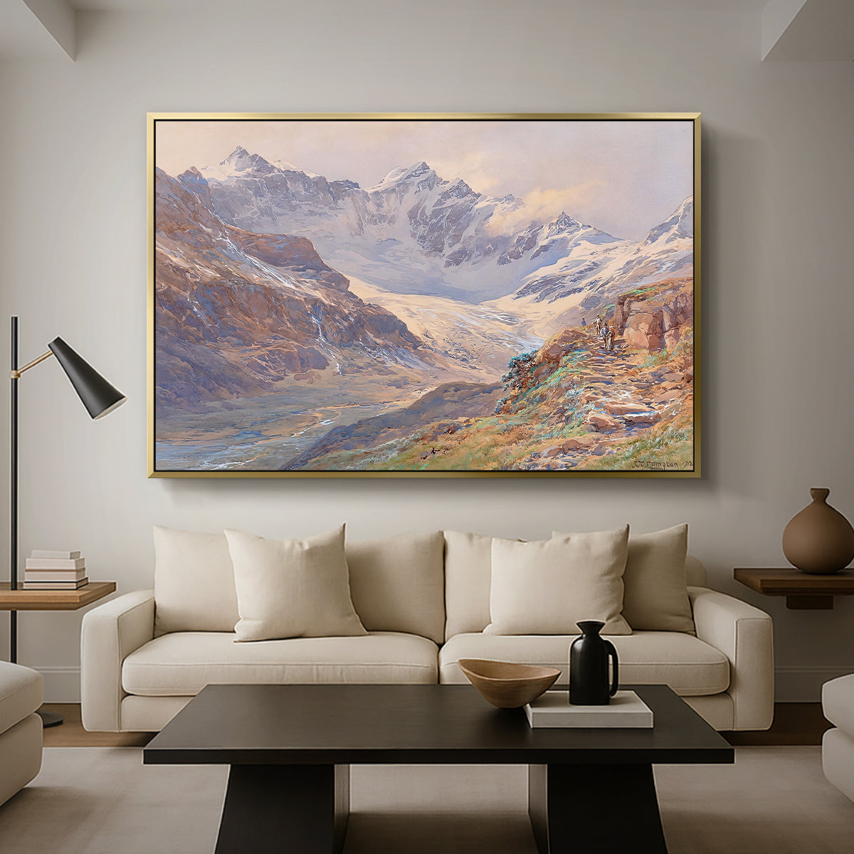 Odenwinklkees with the Johannisberg, 1902 by Edward Theodore Compton as a gold floater framed canvas featuring an alpine glacier landscape with rugged peaks and snow-covered terrain, displayed above a sofa in a modern living room.