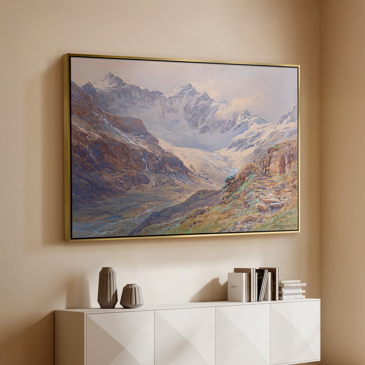 Gold floater framed canvas of Odenwinklkees with the Johannisberg, 1902 by Edward Theodore Compton, featuring a mountain scene with glacier stretching through rocky valley above a console cabinet in a minimalist entryway.