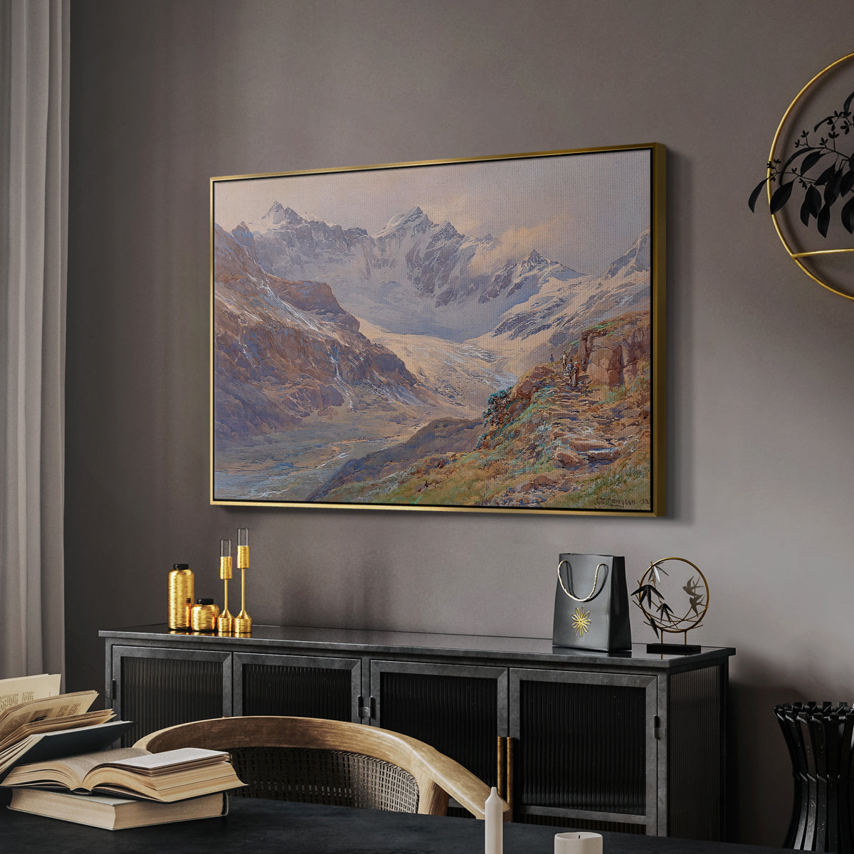 Odenwinklkees with the Johannisberg, 1902 by Edward Theodore Compton in a gold floater framed canvas featuring a realistic depiction of high-altitude snowy peaks, displayed above a desk in a dark home office interior.