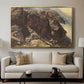 High Mountain Study, c. 1870 by Edward Theodore Compton displayed in a gold floater framed canvas above a sofa in a clean living room.
