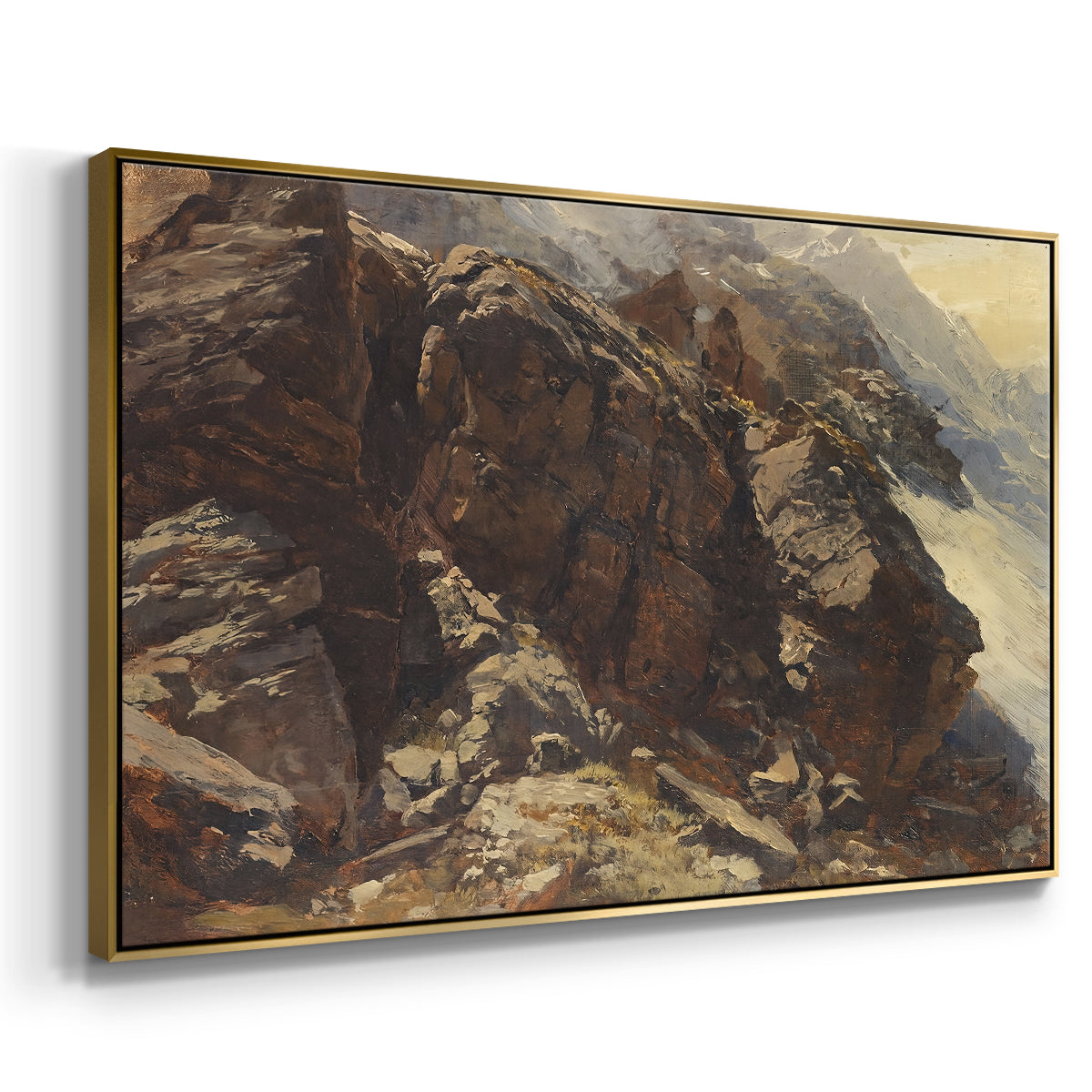 Angled view of High Mountain Study, c. 1870 by Edward Theodore Compton in a gold floater framed canvas.