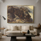 High Mountain Study, c. 1870 by Edward Theodore Compton as a gold floater framed canvas featuring a rocky alpine terrain with steep slopes and distant mountain peaks, displayed above a sofa in a modern living room.