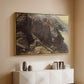 Gold floater framed canvas of High Mountain Study, c. 1870 by Edward Theodore Compton, featuring a detailed study of rugged mountain landscape with sharp contours above a console cabinet in a minimalist entryway.