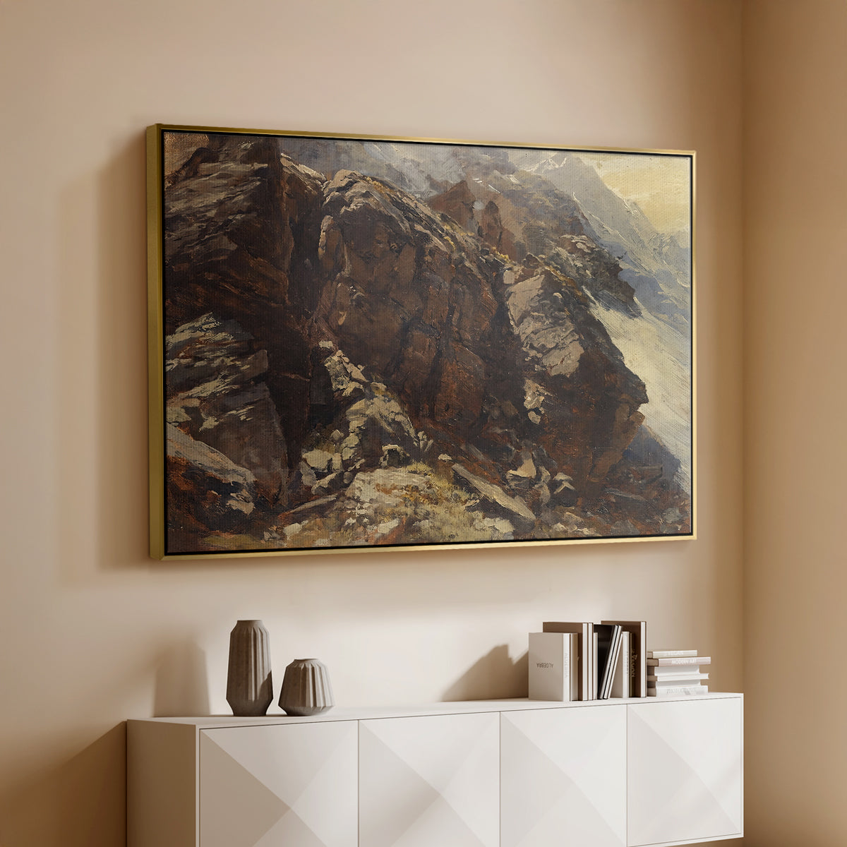 Gold floater framed canvas of High Mountain Study, c. 1870 by Edward Theodore Compton, featuring a detailed study of rugged mountain landscape with sharp contours above a console cabinet in a minimalist entryway.
