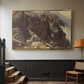 Gold floater framed canvas featuring a realistic depiction of mountainous terrain under open sky, displayed in a hallway near a staircase.