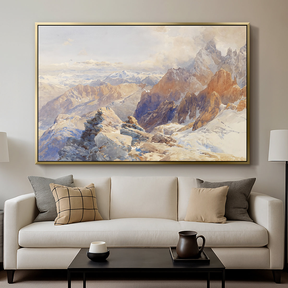 Col du Géant, 1903 by Edward Theodore Compton displayed in a gold floater framed canvas above a sofa in a clean living room.