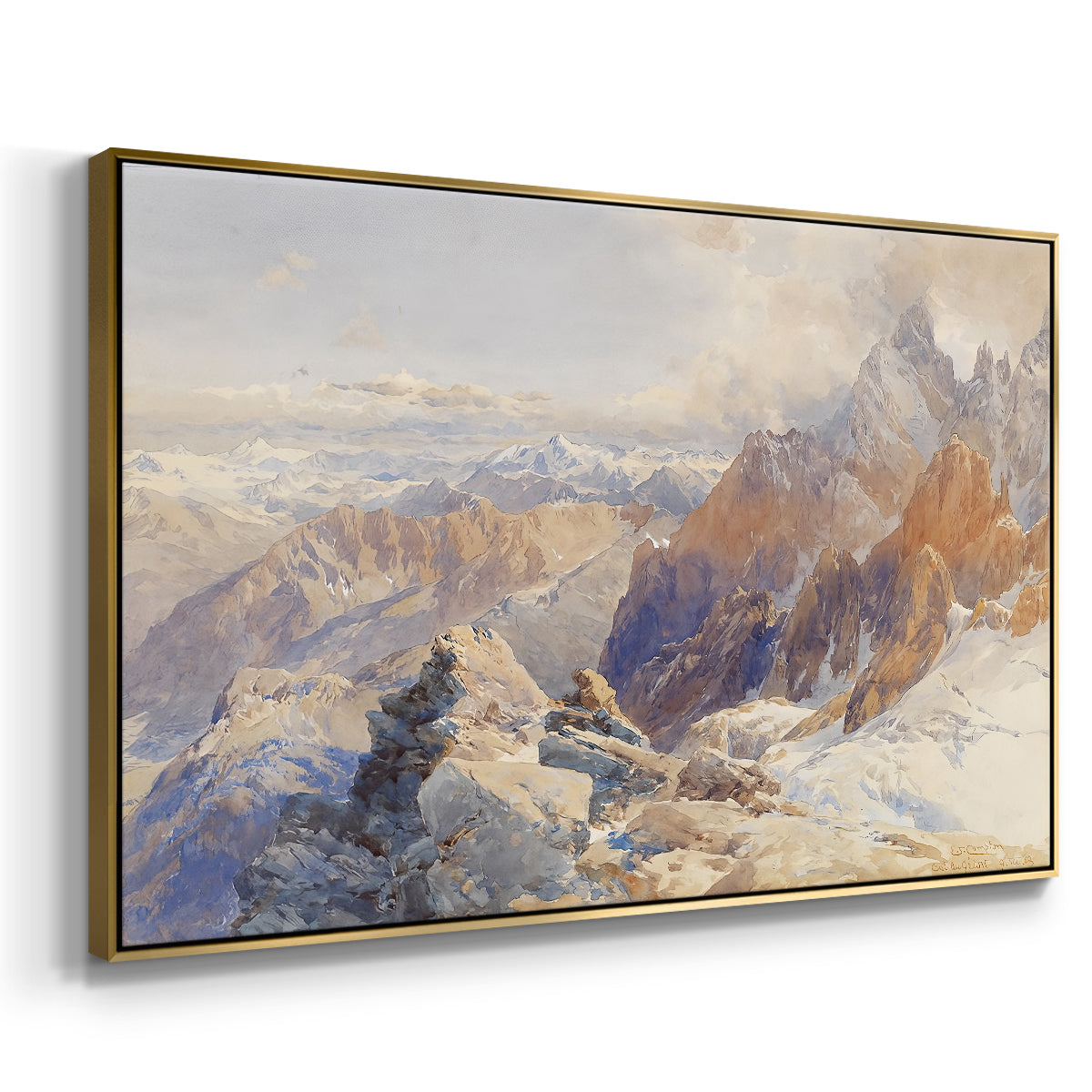 Angled view of Col du Géant, 1903 by Edward Theodore Compton in a gold floater framed canvas.