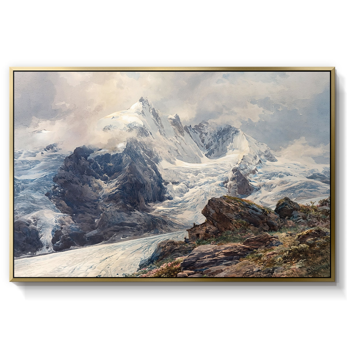 The Grossglockner, 1880 by Edward Theodore Compton in a gold floater framed canvas wall art display.