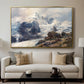 The Grossglockner, 1880 by Edward Theodore Compton displayed in a gold floater framed canvas above a sofa in a clean living room.