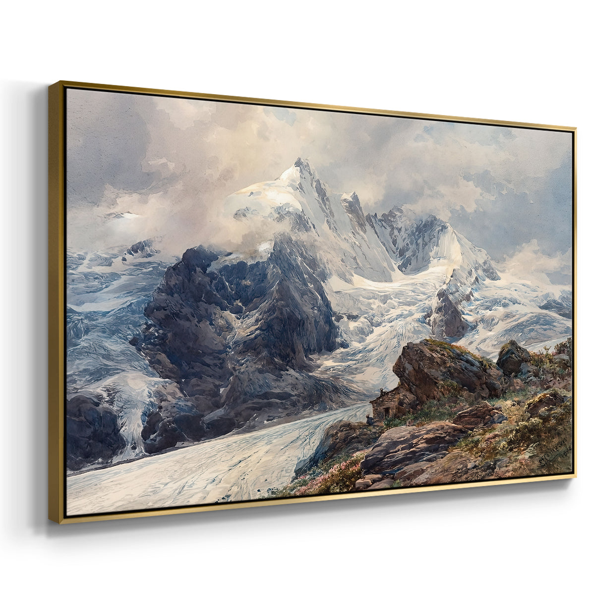 Angled view of The Grossglockner, 1880 by Edward Theodore Compton in a gold floater framed canvas.