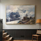 Gold floater framed canvas featuring an alpine peak dominating surrounding terrain, displayed in a hallway near a staircase.