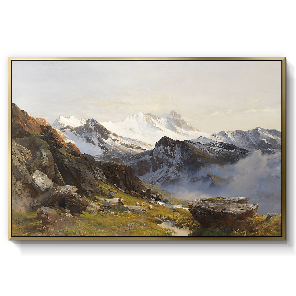 The Großglockner from the Prager Hut, 1890 by Edward Theodore Compton in a gold floater framed canvas wall art display.