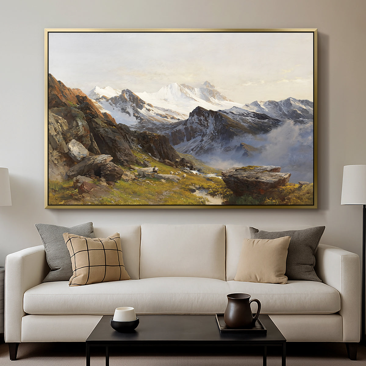 The Großglockner from the Prager Hut, 1890 by Edward Theodore Compton displayed in a gold floater framed canvas above a sofa in a clean living room.