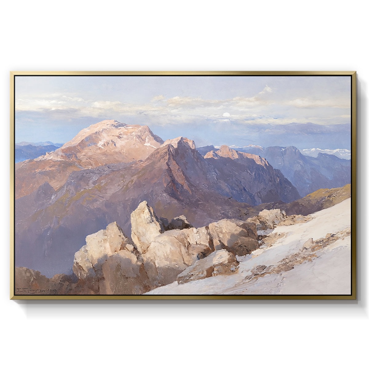 Hoher Göll from Watzmann-Hocheck, 1919 by Edward Theodore Compton in a gold floater framed canvas wall art display.