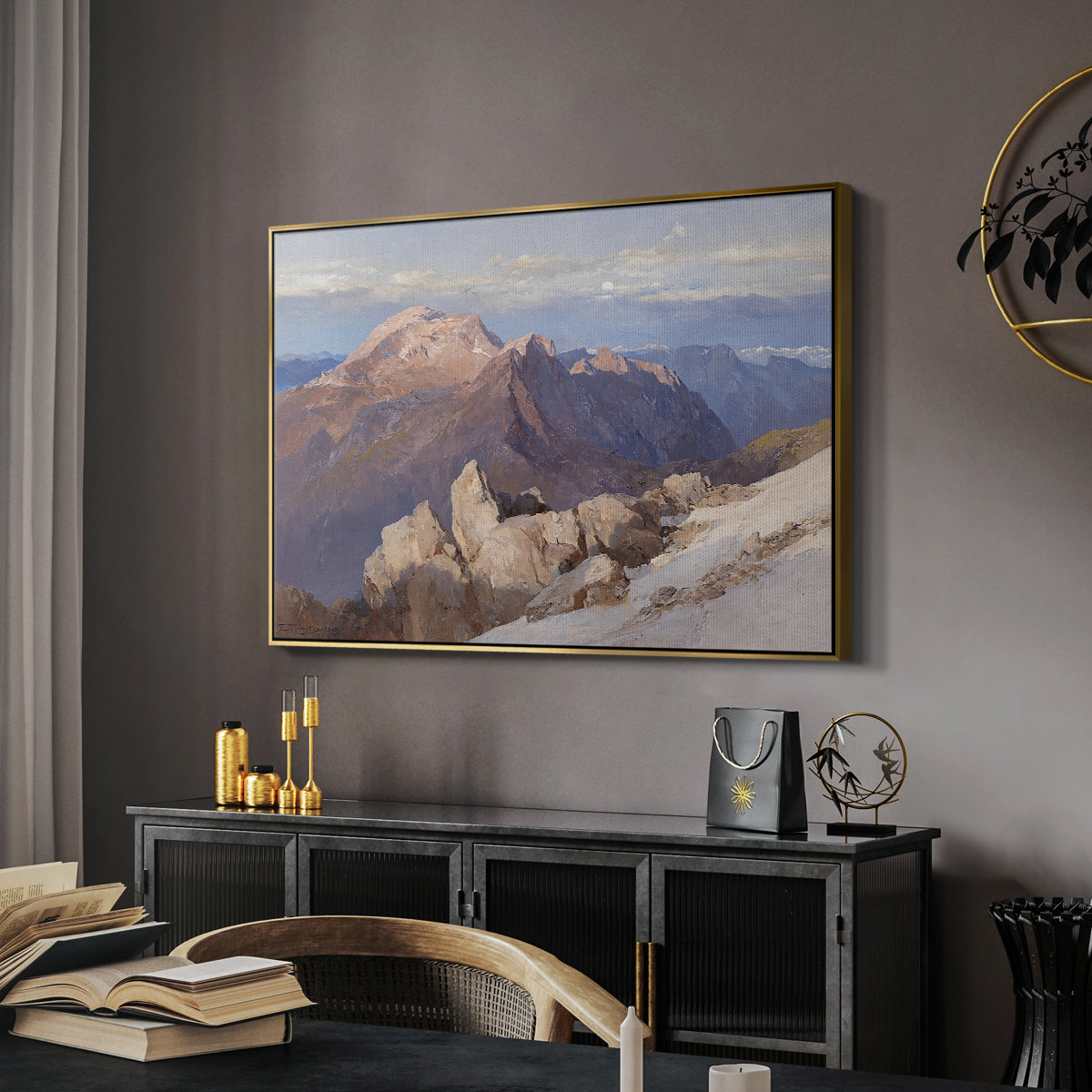 Hoher Göll from Watzmann-Hocheck, 1919 by Edward Theodore Compton in a gold floater framed canvas featuring a high vantage point overlooking rugged mountain terrain, displayed above a desk in a dark home office interior.