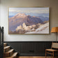 Gold floater framed canvas featuring an expansive mountainous landscape with natural depth, displayed in a hallway near a staircase.