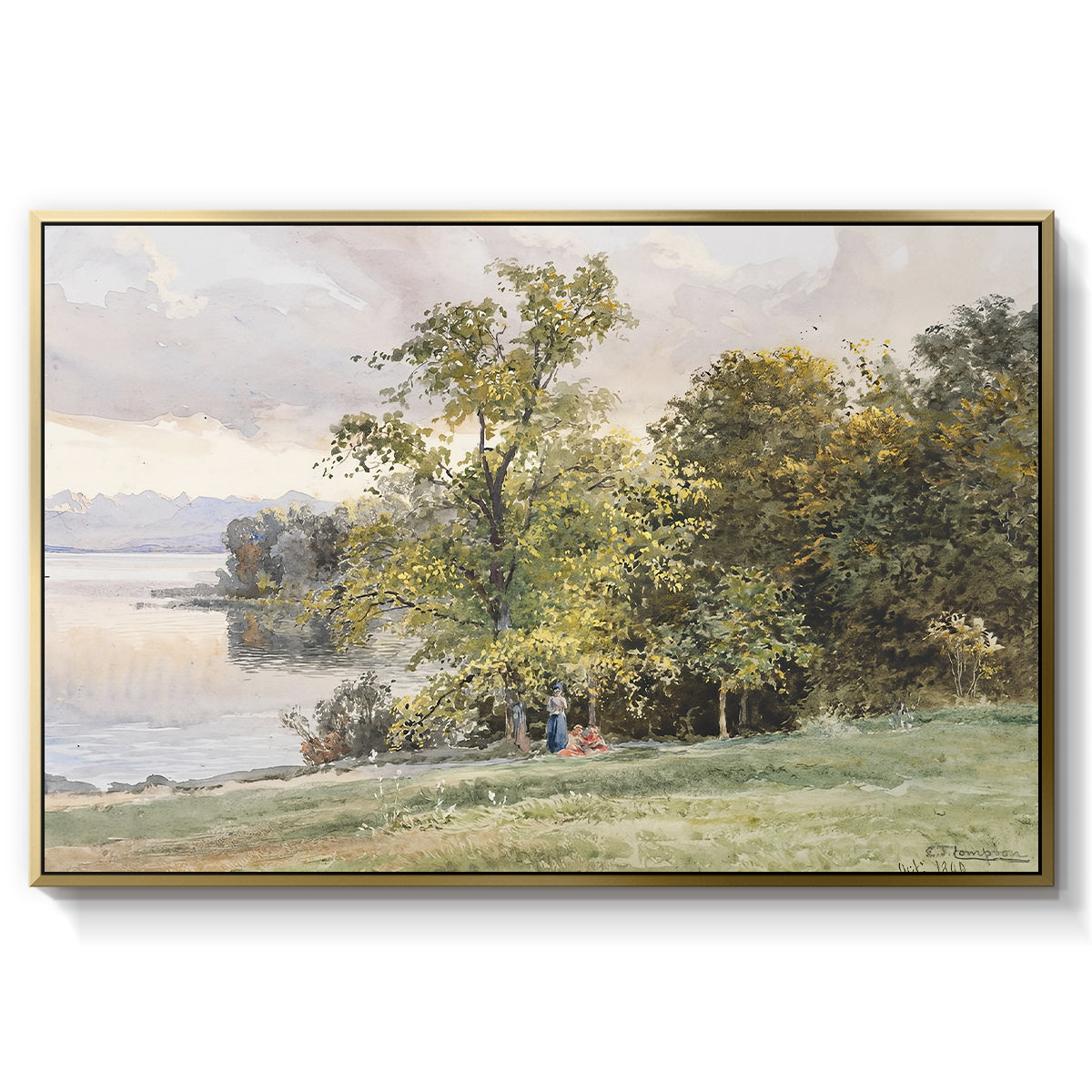 Landscape at Lake Starnberg, 1890 by Edward Theodore Compton in a gold floater framed canvas wall art display.