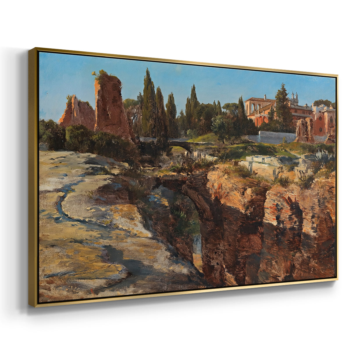 Angled view of Palatine in Rome, c. 1921 by Edward Theodore Compton in a gold floater framed canvas.