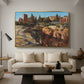 Palatine in Rome, c. 1921 by Edward Theodore Compton as a gold floater framed canvas featuring historic Roman ruins and buildings set within warm landscape, displayed above a sofa in a modern living room.