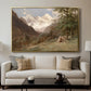 Landscape in the Caucasus, c. 1921 by Edward Theodore Compton displayed in a gold floater framed canvas above a sofa in a clean living room.