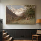 Gold floater framed canvas featuring a realistic depiction of remote mountain environment, displayed in a hallway near a staircase.