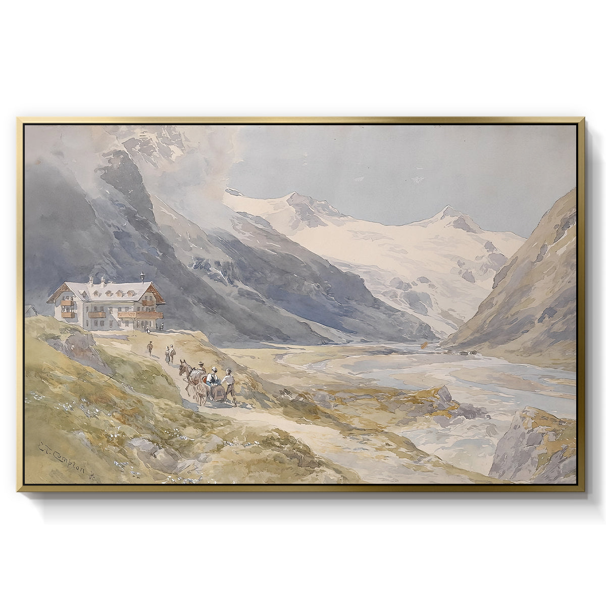 Shepherds (Pasterze), c. 1921 by Edward Theodore Compton in a gold floater framed canvas wall art display.