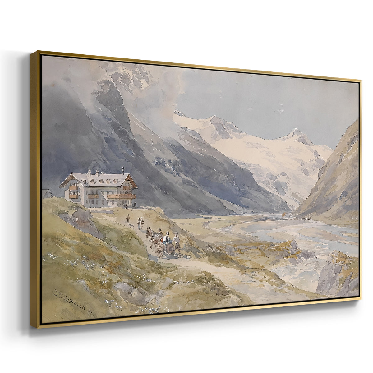Angled view of Shepherds (Pasterze), c. 1921 by Edward Theodore Compton in a gold floater framed canvas.