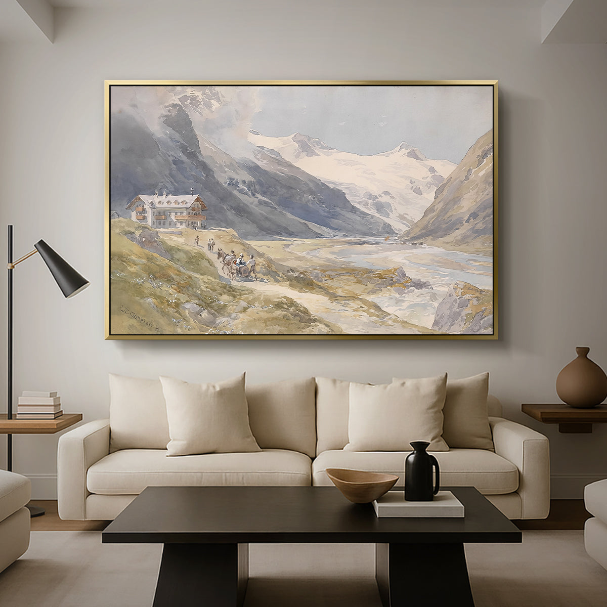 Shepherds (Pasterze), c. 1921 by Edward Theodore Compton as a gold floater framed canvas featuring a small group of shepherds in alpine landscape with grazing animals, displayed above a sofa in a modern living room.