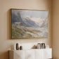 Gold floater framed canvas of Shepherds (Pasterze), c. 1921 by Edward Theodore Compton, featuring a pastoral mountain scene with figures tending livestock above a console cabinet in a minimalist entryway.