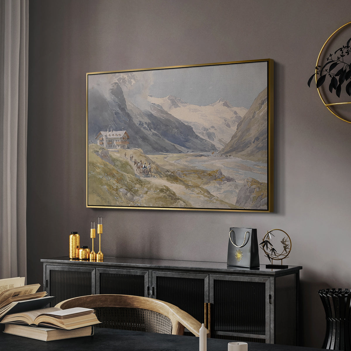 Shepherds (Pasterze), c. 1921 by Edward Theodore Compton in a gold floater framed canvas featuring a rural alpine setting with shepherds and open terrain, displayed above a desk in a dark home office interior.