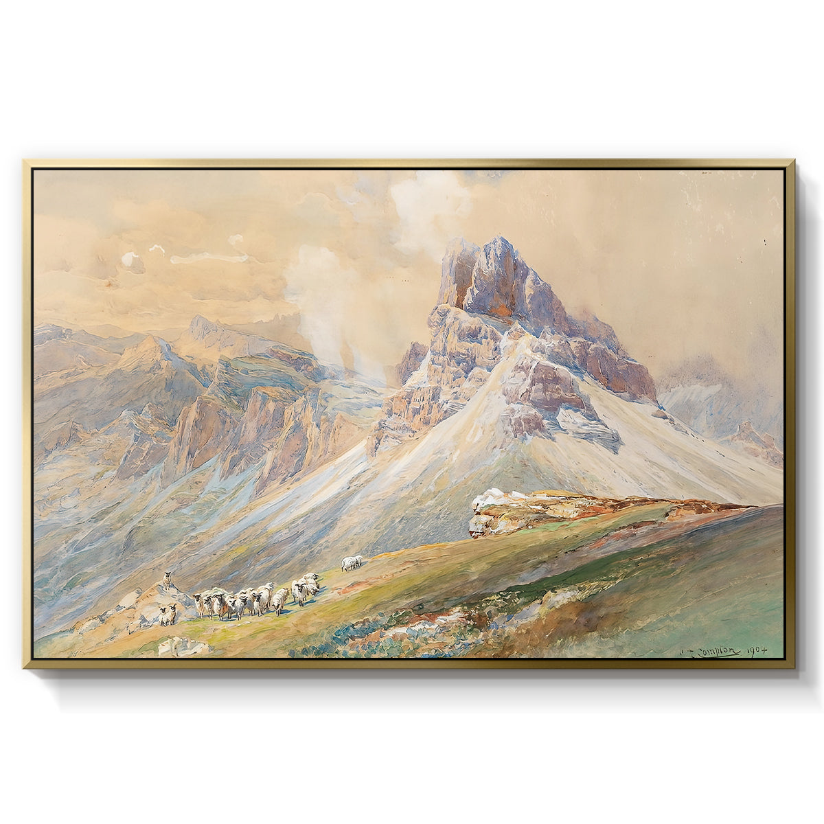 From the Dolomites, 1904 by Edward Theodore Compton in a gold floater framed canvas wall art display.