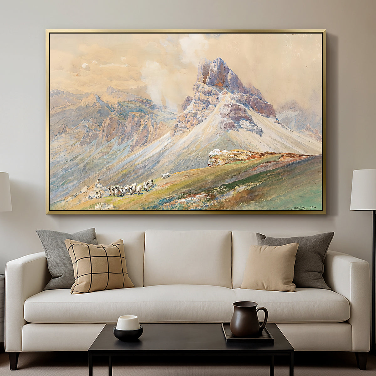 From the Dolomites, 1904 by Edward Theodore Compton displayed in a gold floater framed canvas above a sofa in a clean living room.