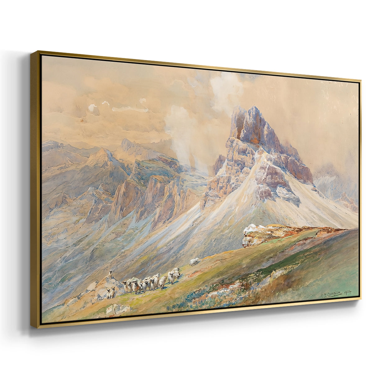 Angled view of From the Dolomites, 1904 by Edward Theodore Compton in a gold floater framed canvas.