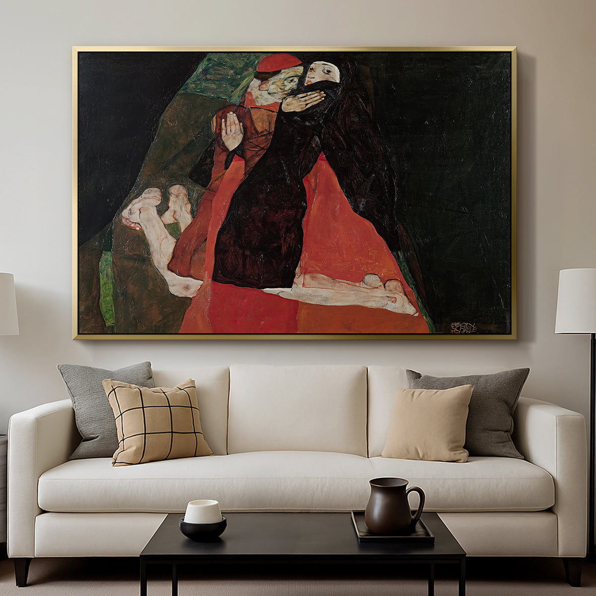 Cardinal and Nun (Caress), 1912 by Egon Schiele displayed in a gold floater framed canvas above a sofa in a clean living room.
