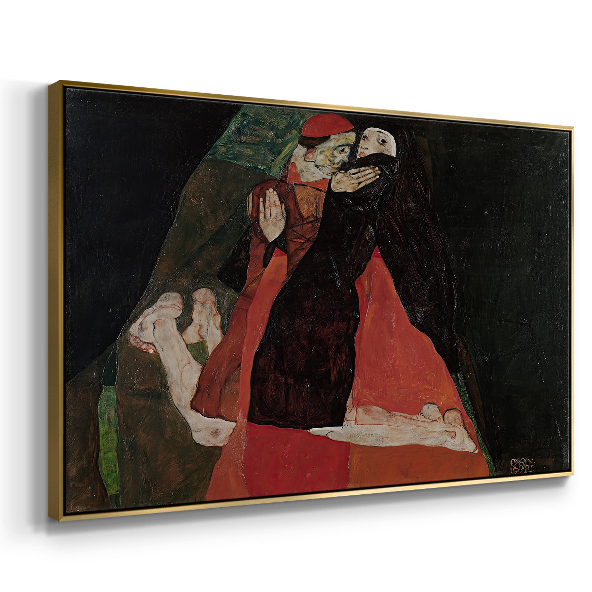 Angled view of Cardinal and Nun (Caress), 1912 by Egon Schiele in a gold floater framed canvas.