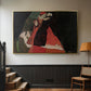 Gold floater framed canvas featuring an intimate scene with religious figures in modernist style, displayed in a hallway near a staircase.