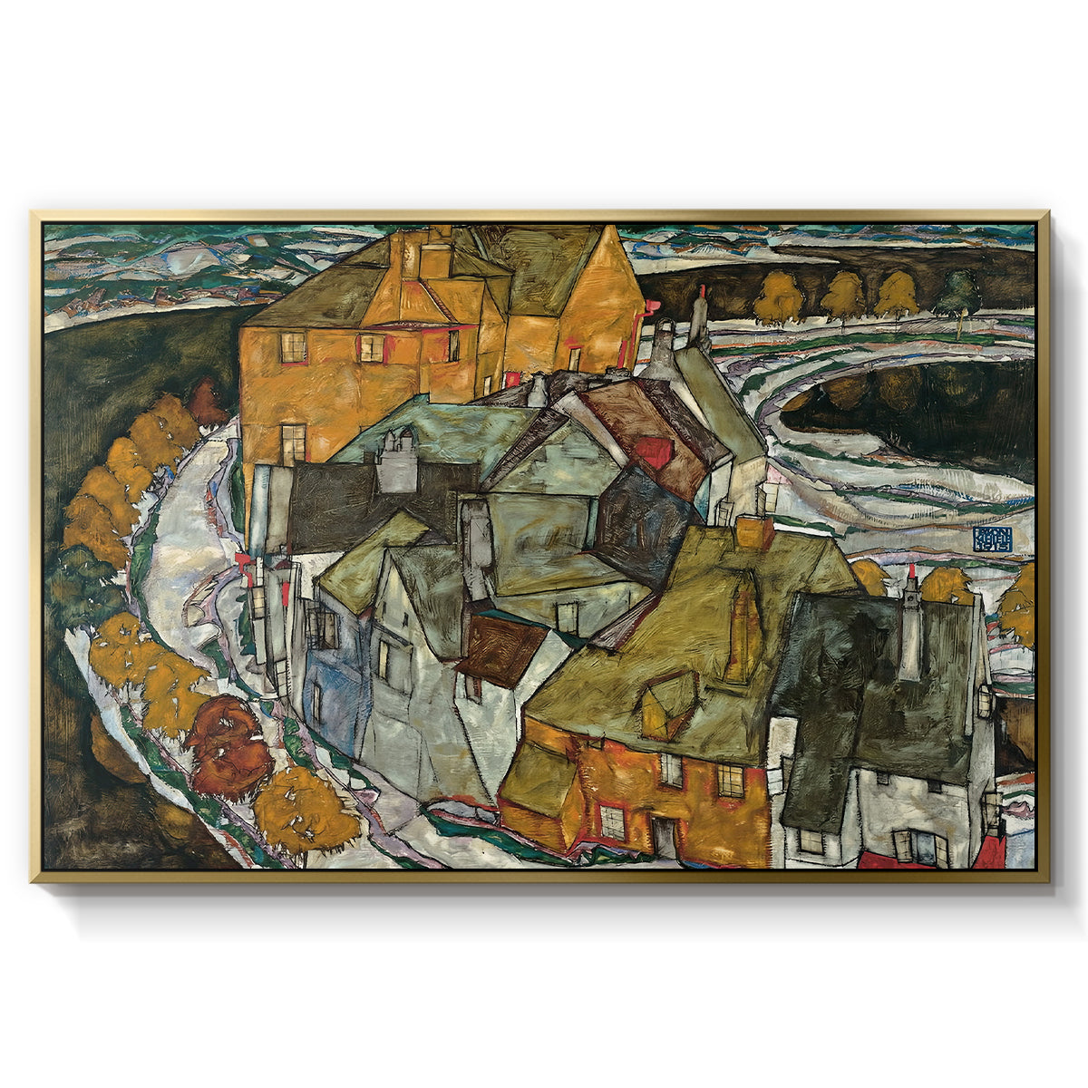 Crescent of Houses II (Island Town), 1915 by Egon Schiele in a gold floater framed canvas wall art display.