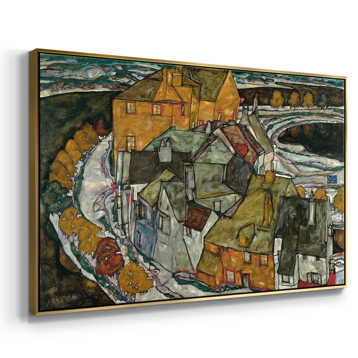 Angled view of Crescent of Houses II (Island Town), 1915 by Egon Schiele in a gold floater framed canvas.