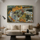 Crescent of Houses II (Island Town), 1915 by Egon Schiele as a gold floater framed canvas featuring a curved row of colorful houses forming crescent shape along water, displayed above a sofa in a modern living room.