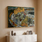 Gold floater framed canvas of Crescent of Houses II (Island Town), 1915 by Egon Schiele, featuring a stylized townscape with clustered buildings and bold outlines above a console cabinet in a minimalist entryway.