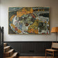 Gold floater framed canvas featuring an architectural scene with houses arranged in curved composition, displayed in a hallway near a staircase.