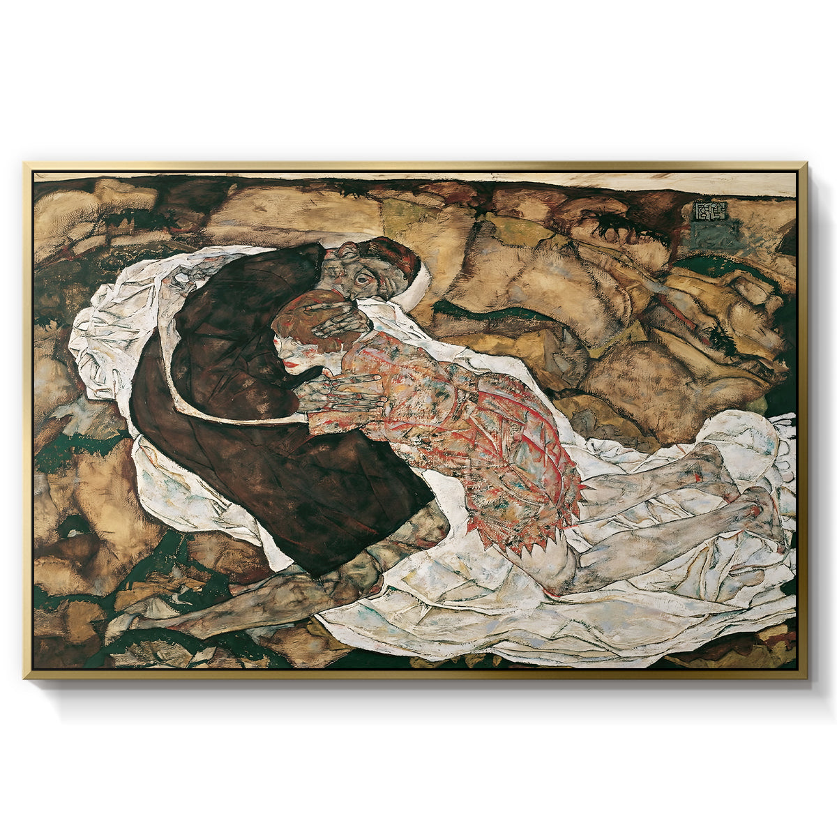 Death and the Maiden, 1915 by Egon Schiele in a gold floater framed canvas wall art display.